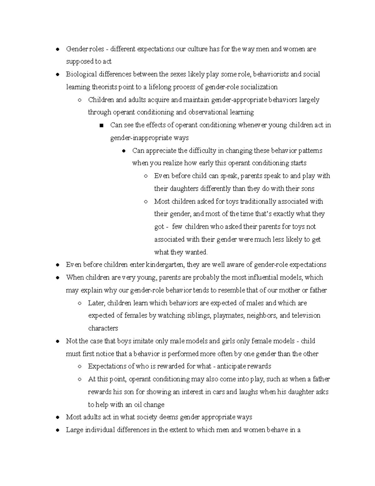 PSY 338 - Week 12 (Ch 14) Notes - Gender roles - different expectations ...