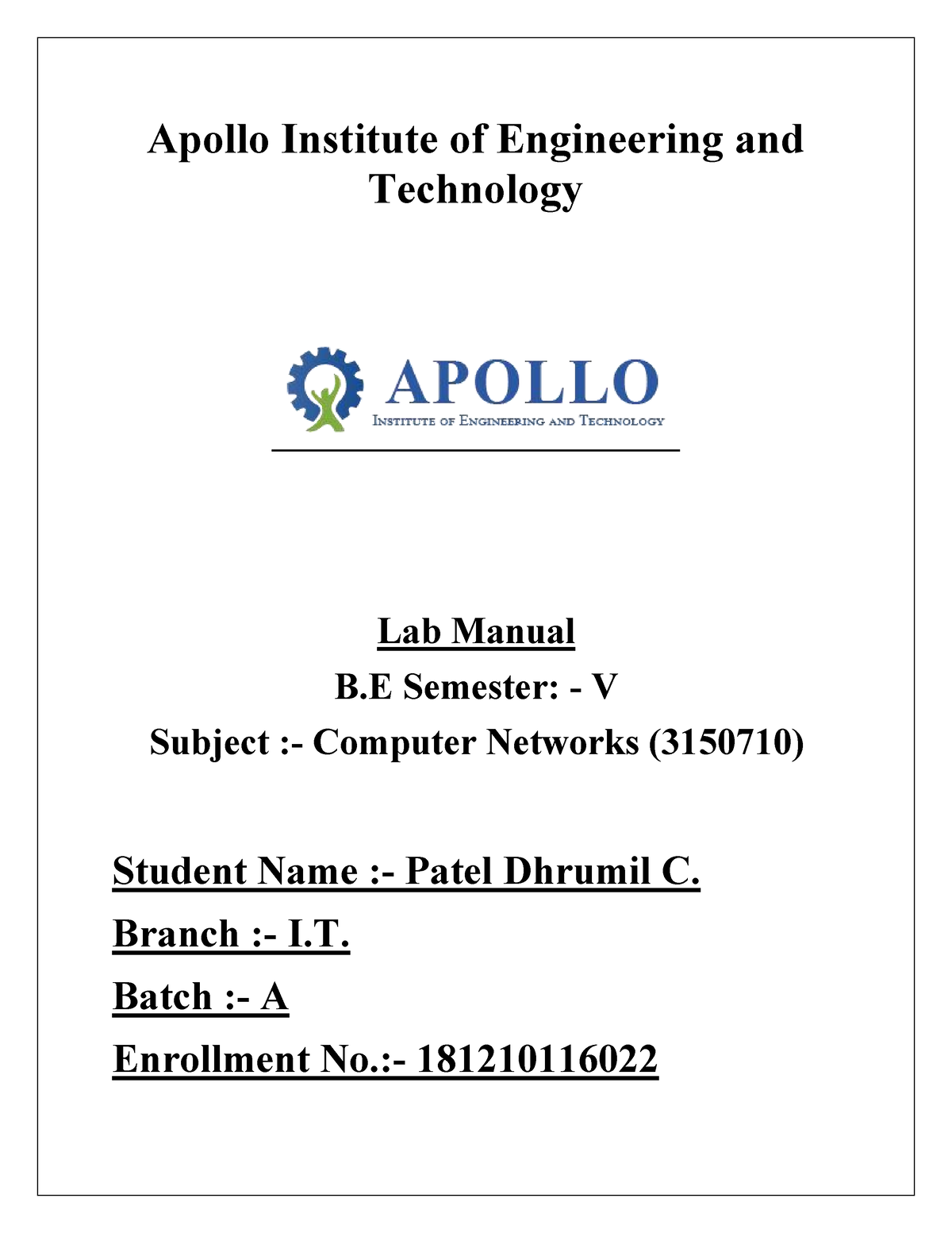 Computer Networks (3150710) Lab Manual - Apollo Institute Of ...