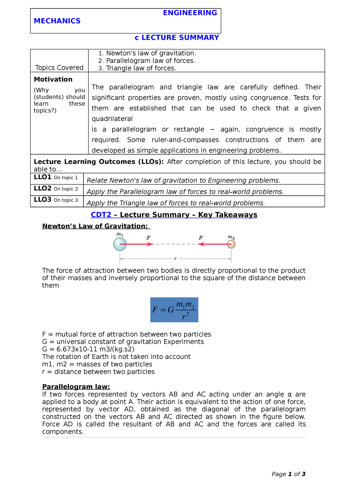 Engineering Mechanics - ENGINEERING MECHANICS C LECTURE SUMMARY Topics ...