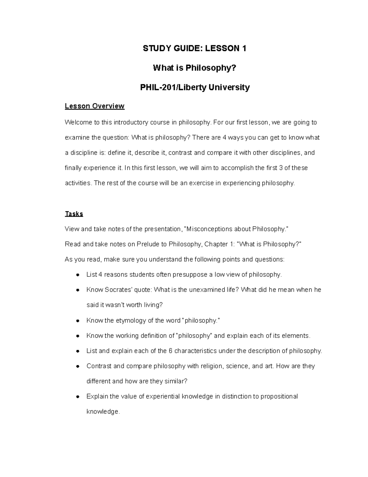 PHIL 201 Study Guide Lesson 1 - STUDY GUIDE: LESSON 1 What Is ...