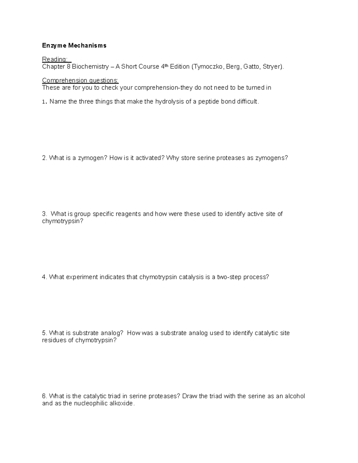 Study Guide 6 Enzyme Mechanisms Reading Chapter 8 Biochemistry A