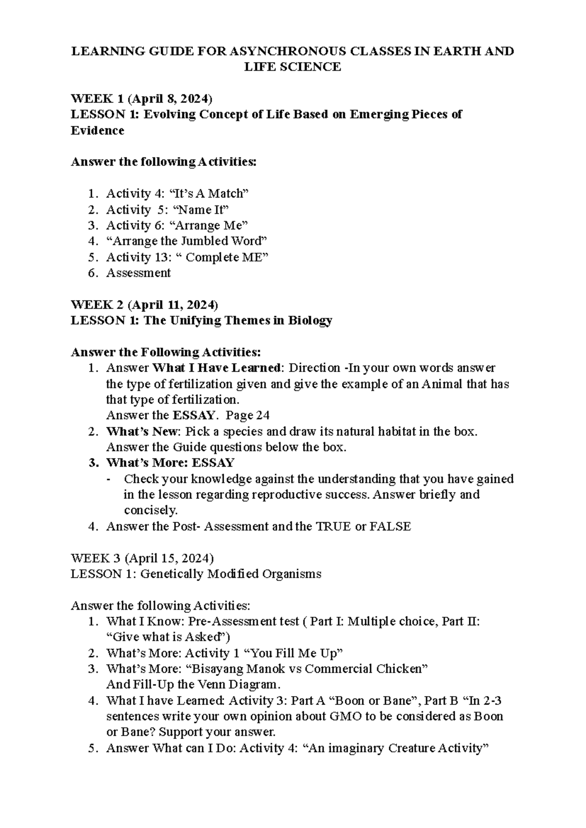 Learning Guide FOR Asynchronous Classes IN Earth AND LIFE Science ...