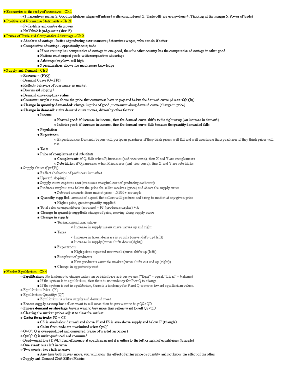 Econ1014 exam 1 cheat sheet - Economics is the study of incentives - Ch ...