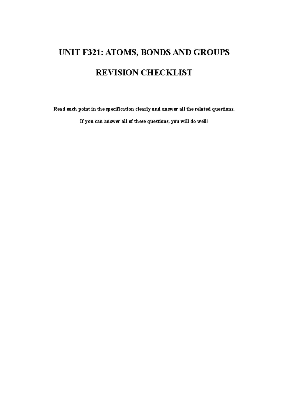 Unit 1 summary - chemistry unit 1 - UNIT F321: ATOMS, BONDS AND GROUPS ...