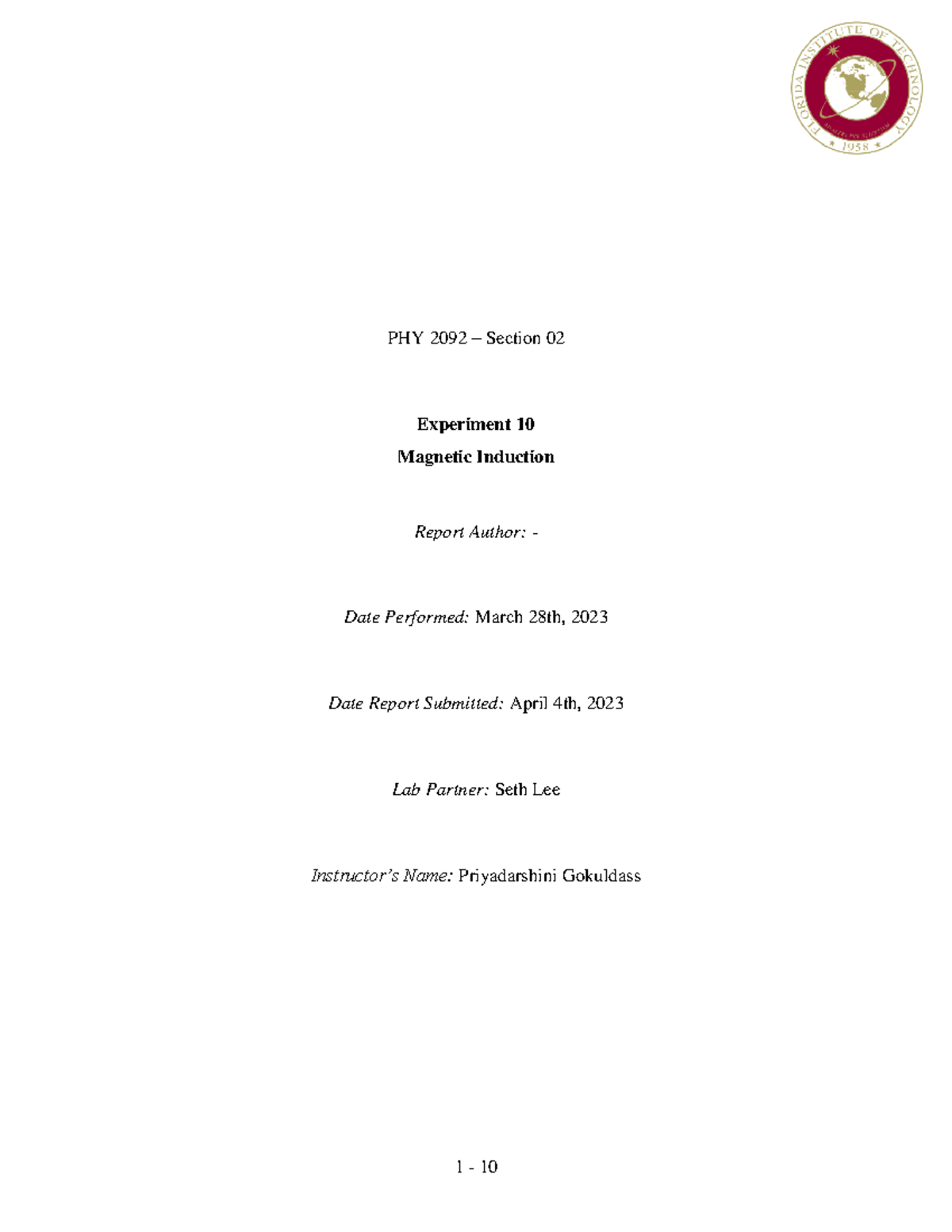Lab 10 Induction Lab Report PHY 2092 Section 02 Experiment 10 Induction
