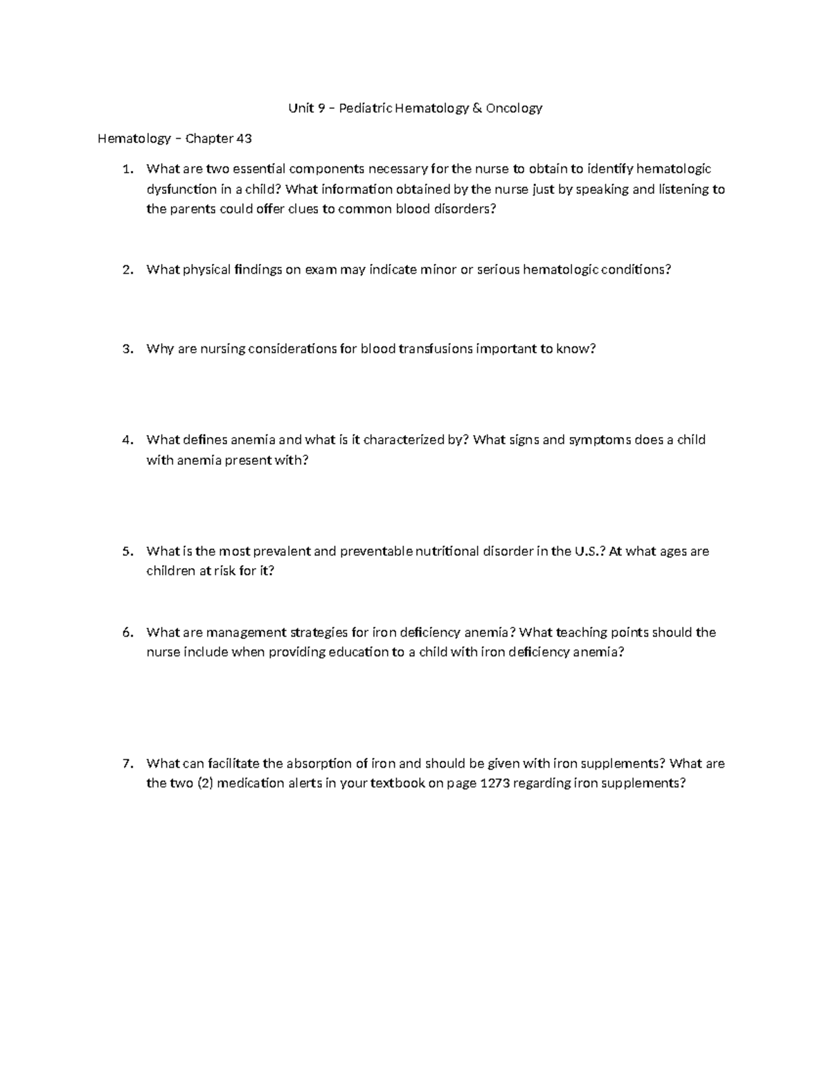 Peds Hem & Onc Quiz-1 - Unit 9 – Pediatric Hematology & Oncology ...