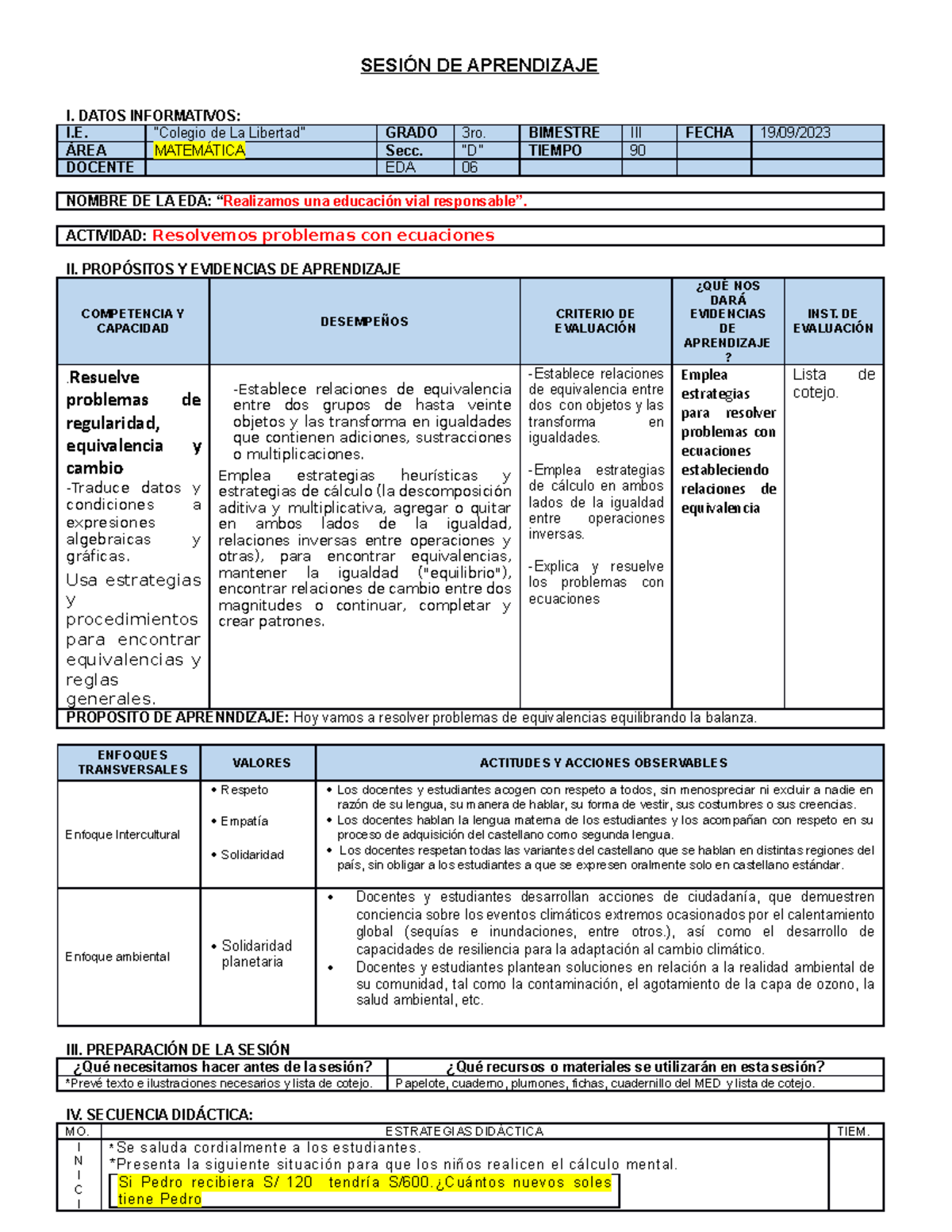 - Matemática- DIA Ecuaciones - SESIÓN DE APRENDIZAJE I. DATOS ...