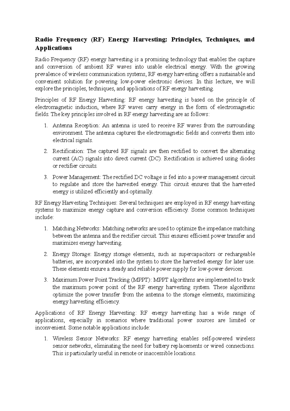 Radio Frequency (RF) Energy Harvesting Principles, Techniques, and
