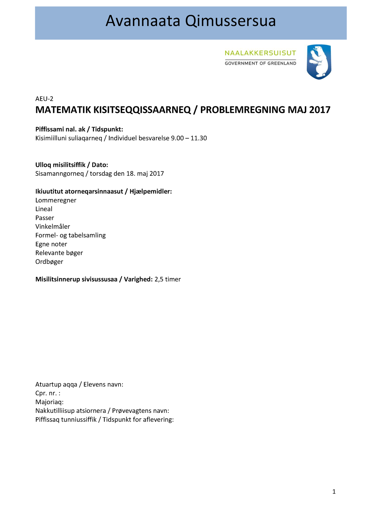 Problemregning Maj 17 - Matematik - Avannaata Qimussersua AEU- 2 ...