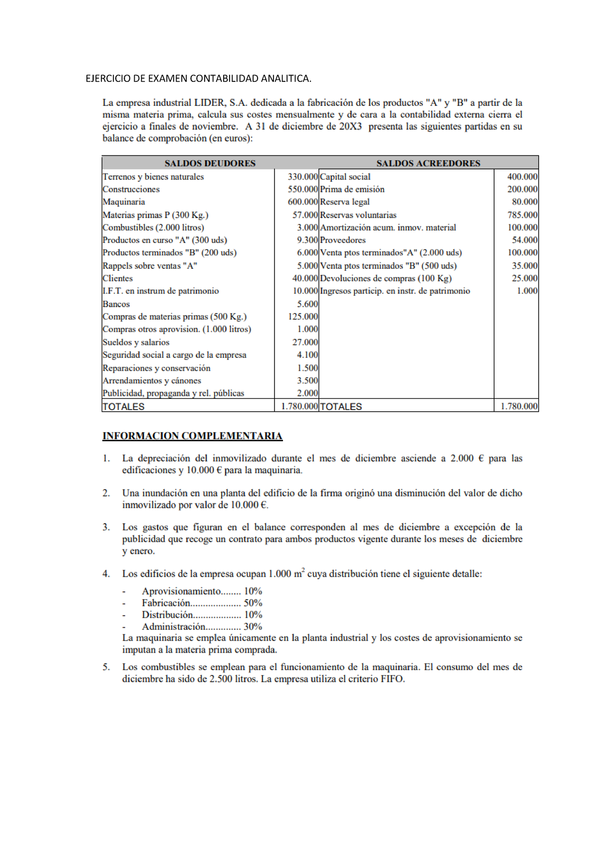 Ejercicio De Examen Contabilidad Contabilidad Analítica Ejercicio De Examen Contabilidad 6138