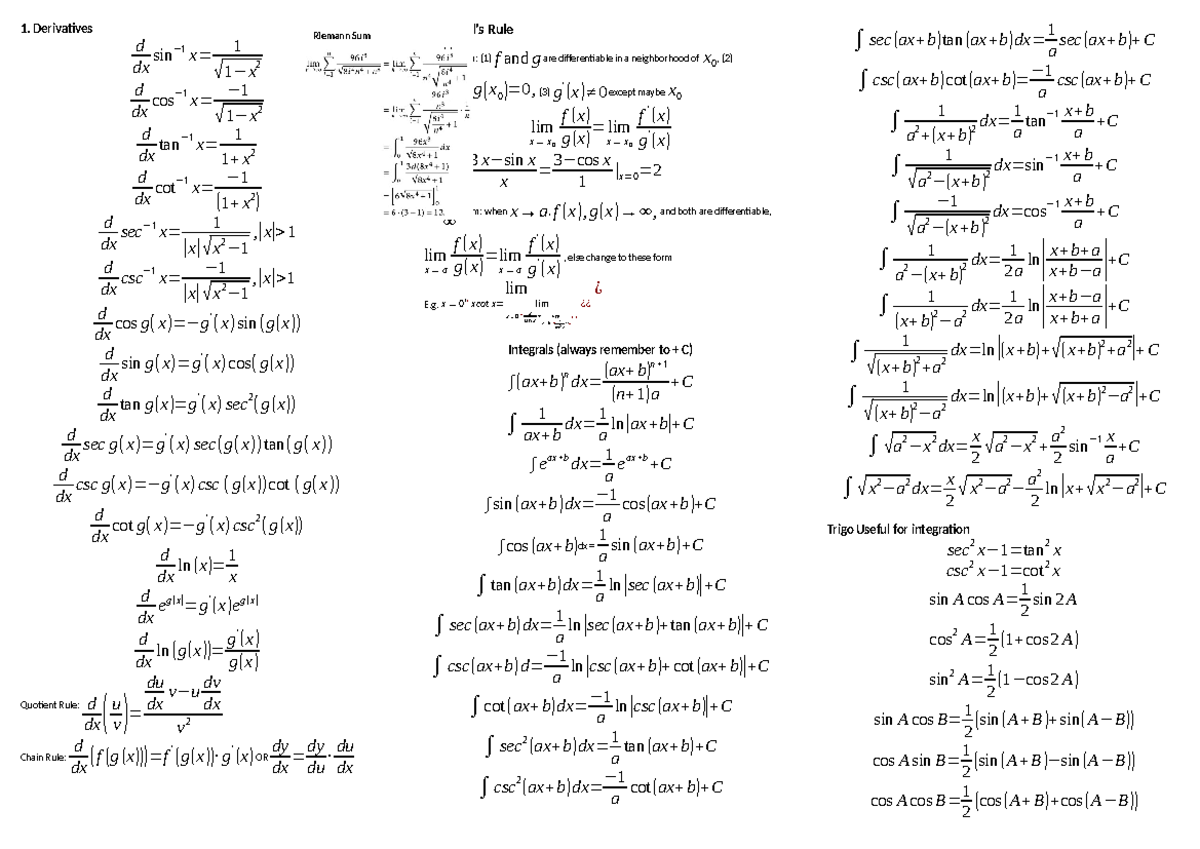 Finals Cheatsheet - Derivatives d dx sin − 1 x= 1 √ 1 −x 2 d dx cos − 1 ...