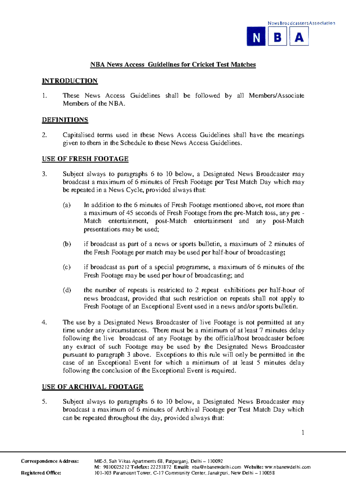 1 NBA News Access Guidelines for Cricket Test Matches 20 7 10
