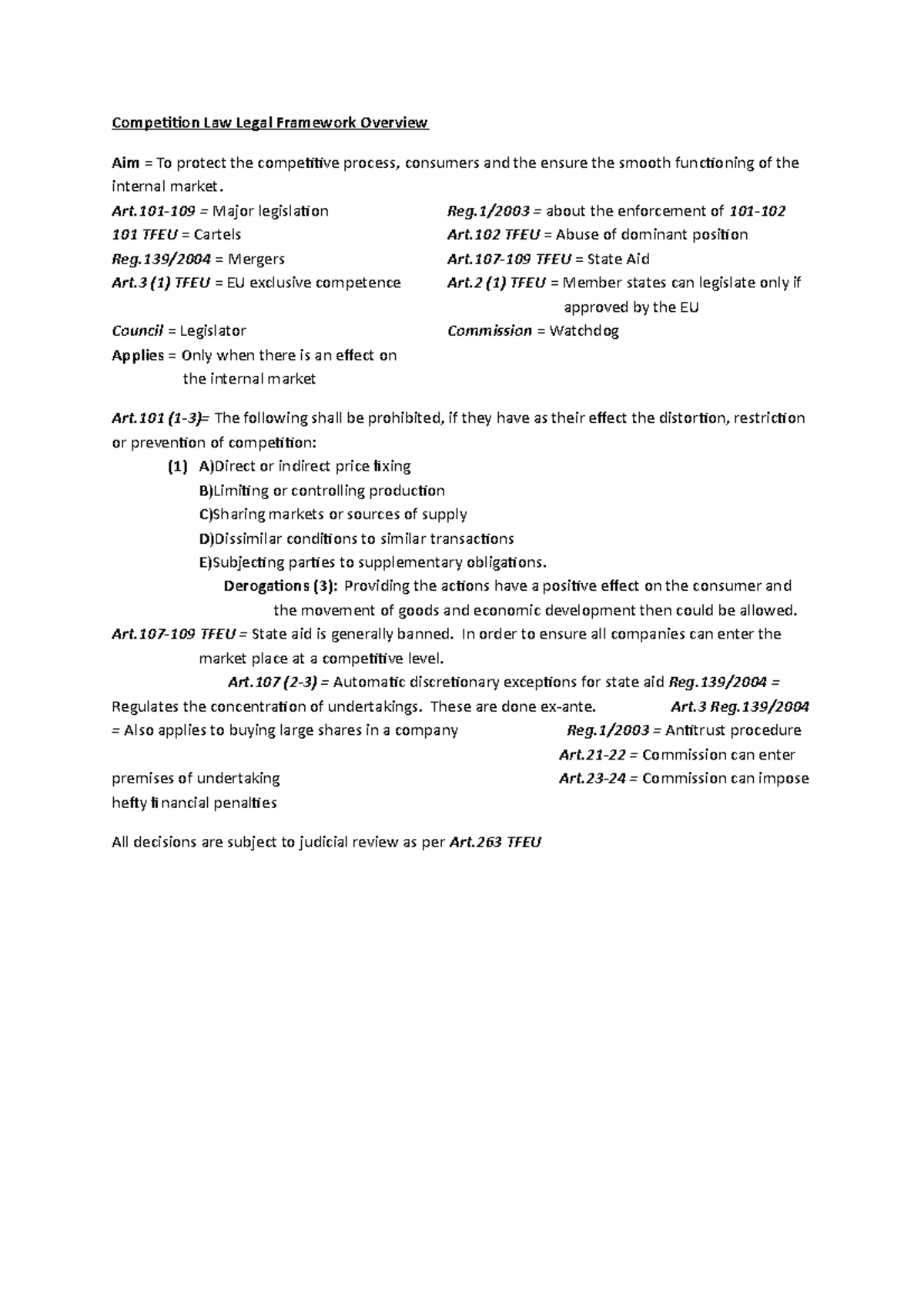 Competition Law Outline Notes - Competition Law Legal Framework ...