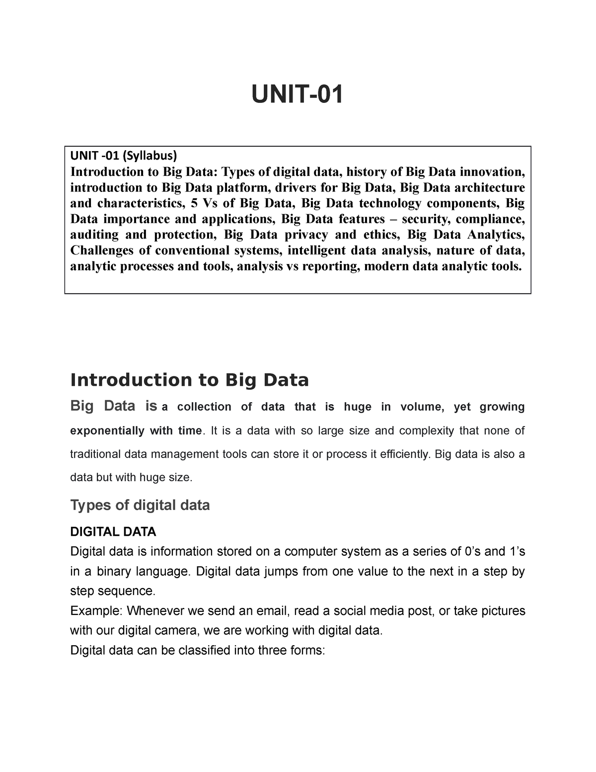 UNIT ONE Notes - UNIT- UNIT -01 (Syllabus) Introduction To Big Data ...