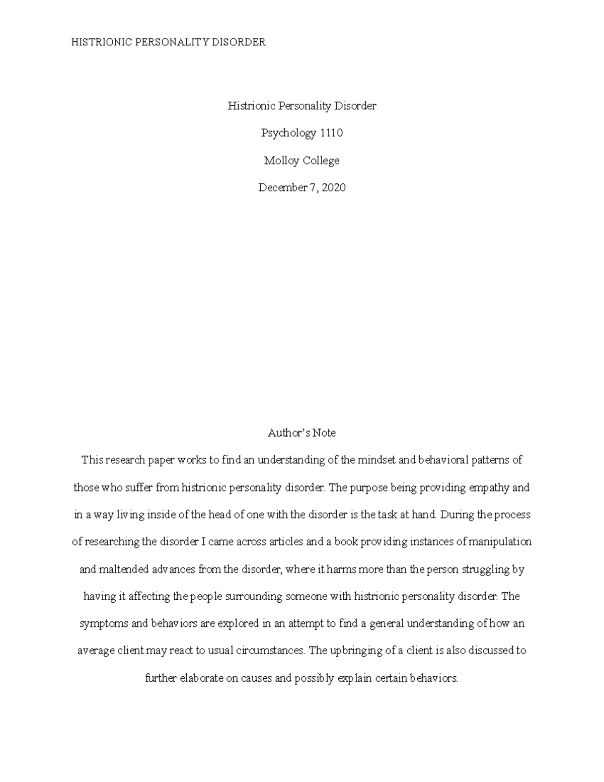 histrionic personality disorder research paper