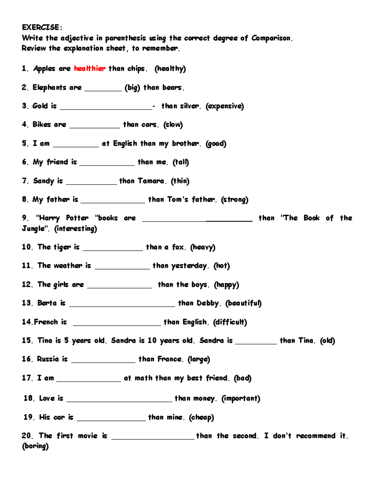 DEGREE OF COMPARISON WORKSHEET FOR CLASS 8 ICSE visual data 5