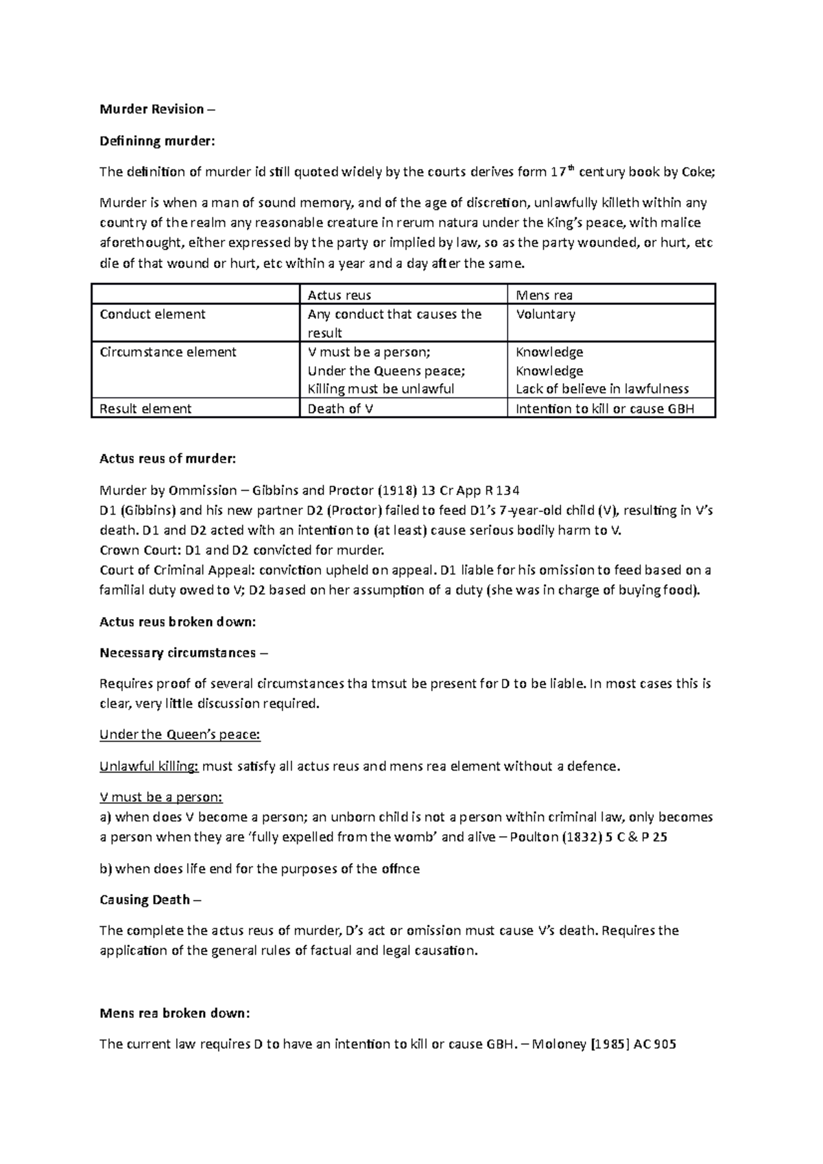 Murder Revision - Actus reus Mens rea Conduct element Any conduct that ...