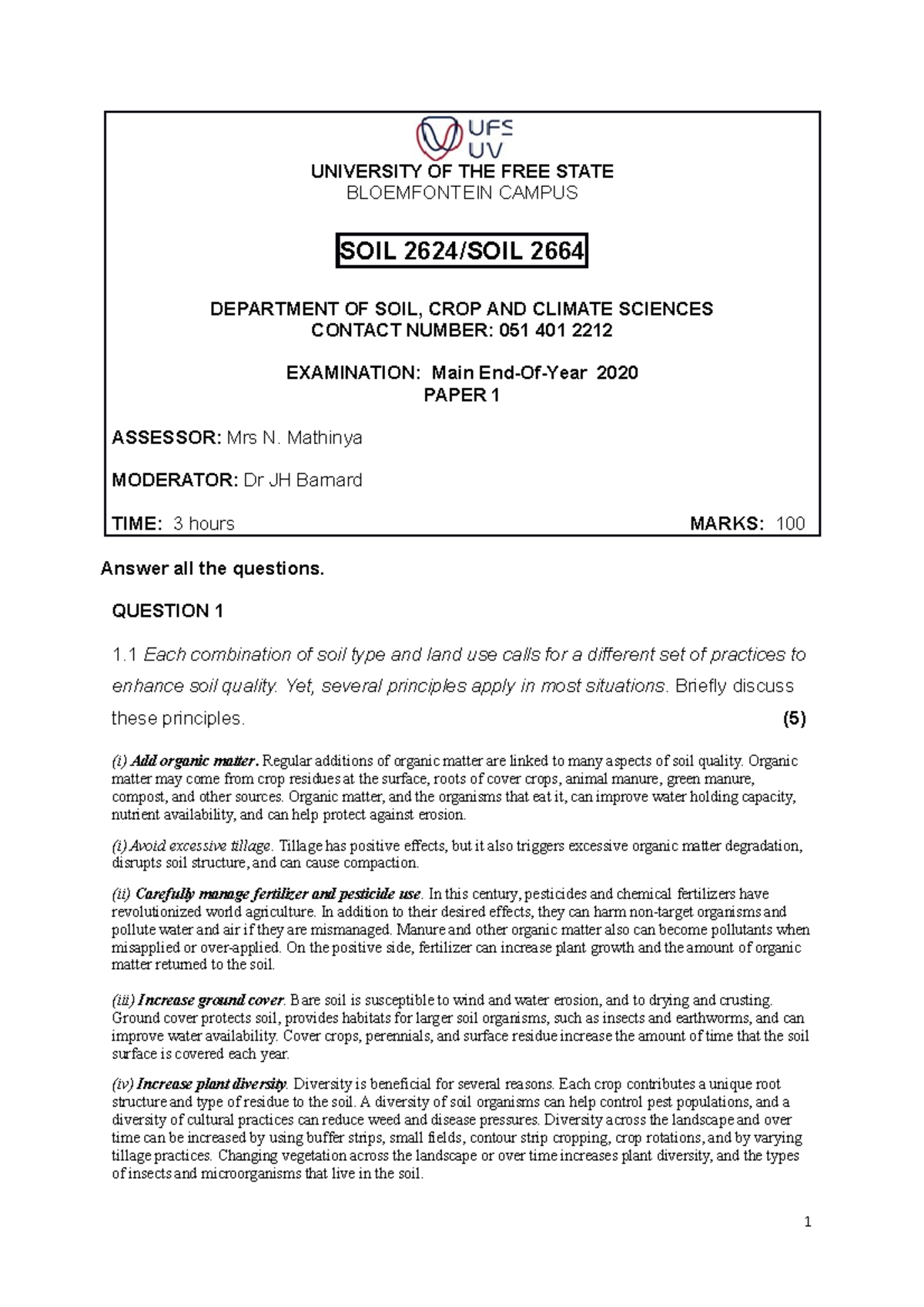Soil Sciences SOIL 2624_2664 Exam Paper SOIL 2624 UFS UV Studocu