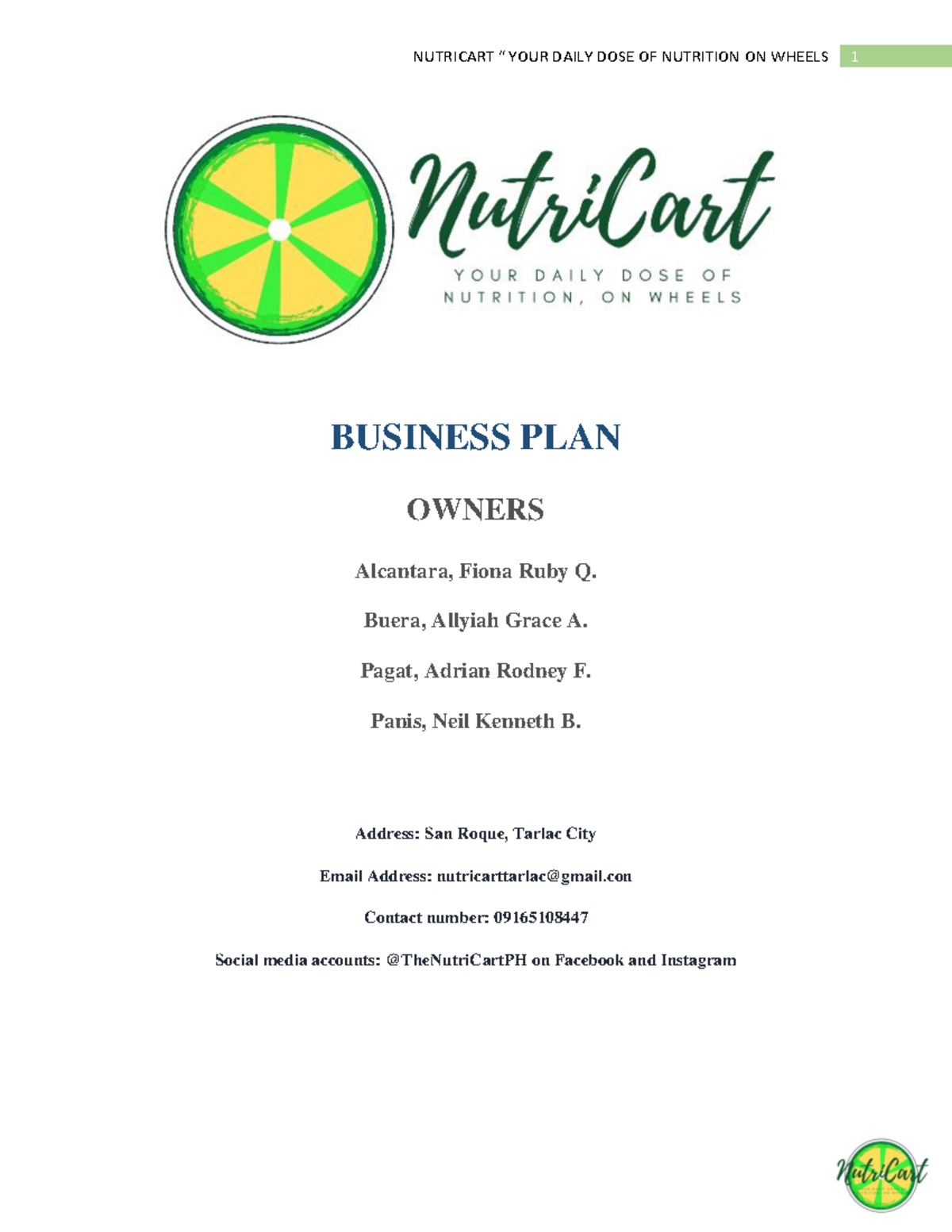 Business Plan Nutri Cart TNHS SHS 12Taylor BUSINESS PLAN OWNERS