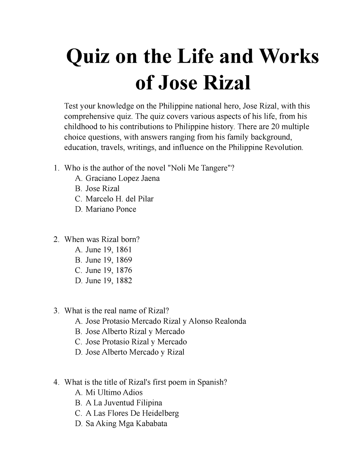 Quiz On The Life And Works Of Jose Rizal - Quiz On The Life And Works ...