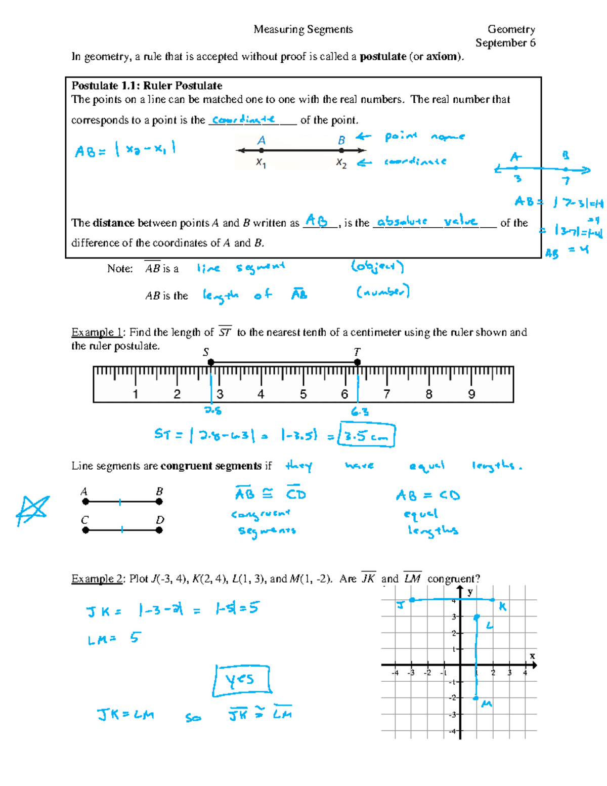 0906 measuring segments Measuring Segments Geometry September 6 In
