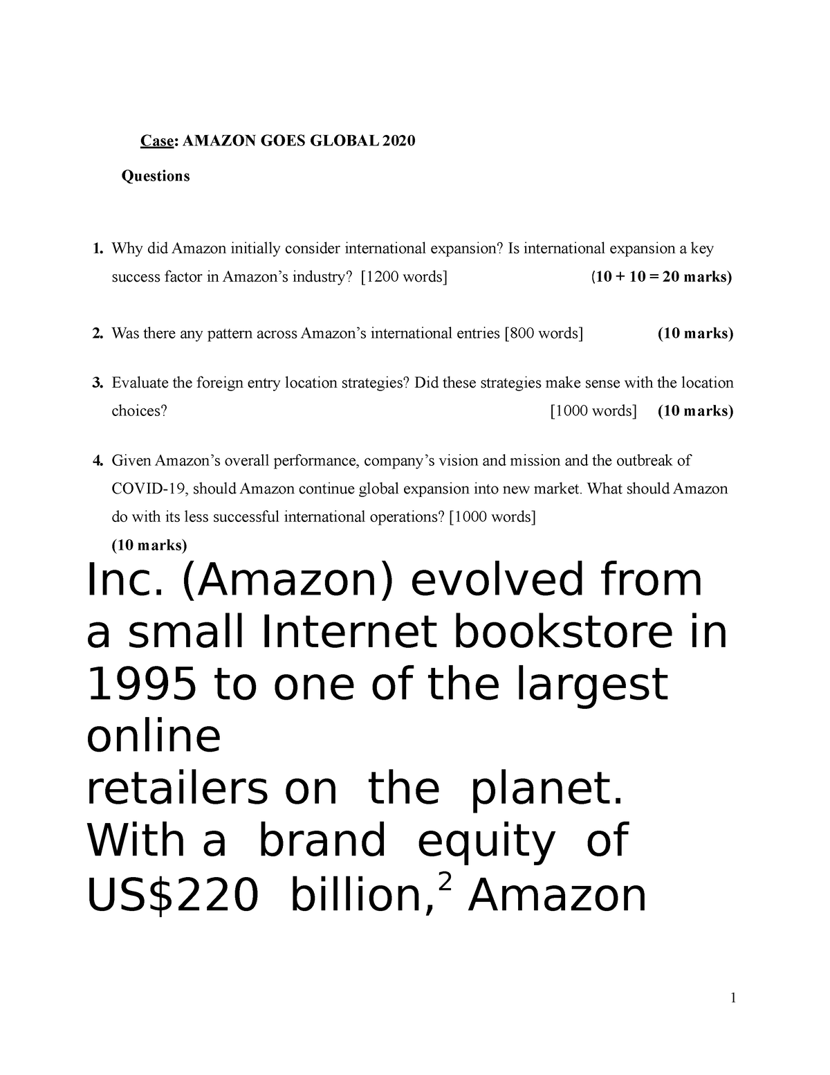 International Business Question Paper - Case: AMAZON GOES GLOBAL 2020 ...