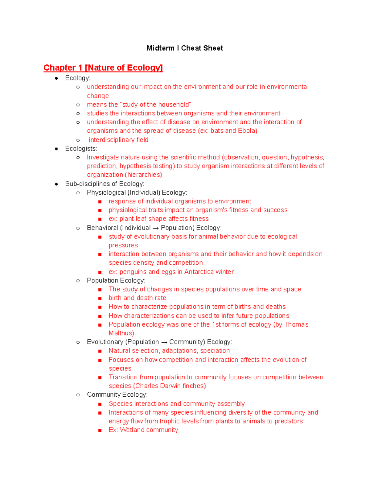 Ecology Exam 1 Study Guide - Midterm I Cheat Sheet Chapter 1 [Nature of ...