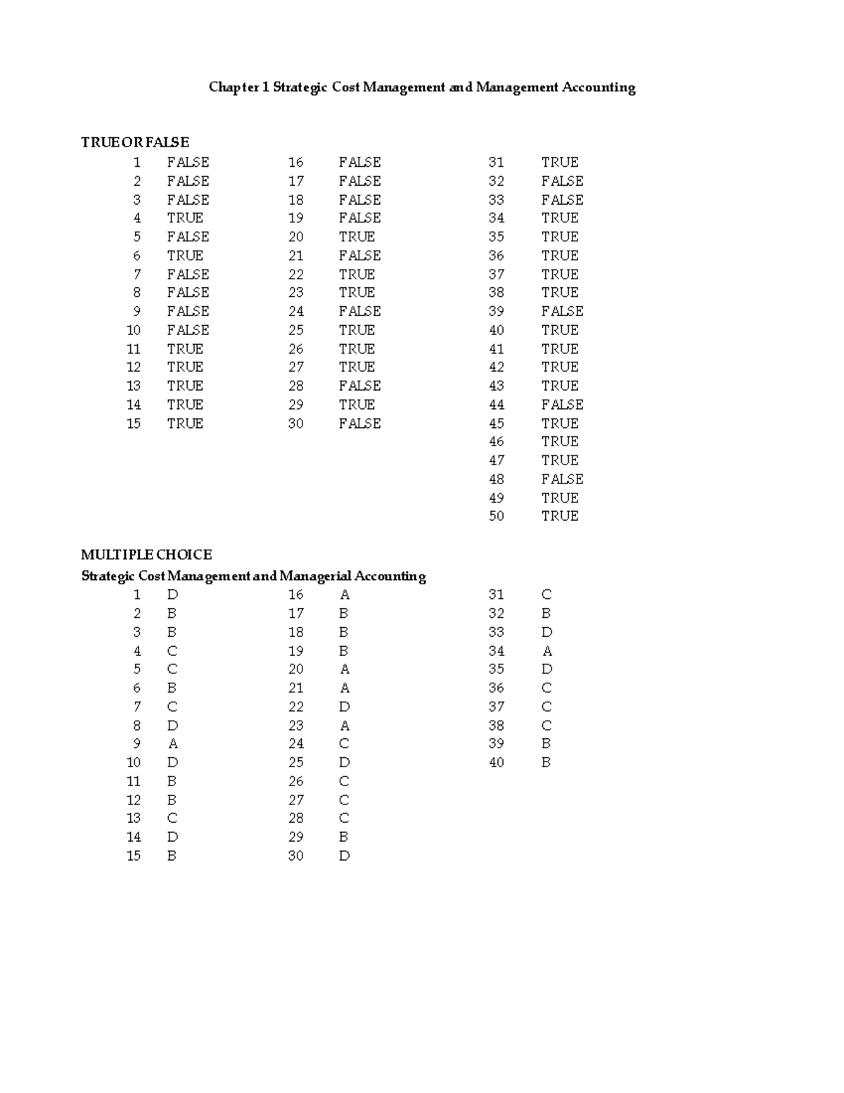 SCM Chapter 1 Answer Key - Chapter 1 Strategic Cost Management and ...