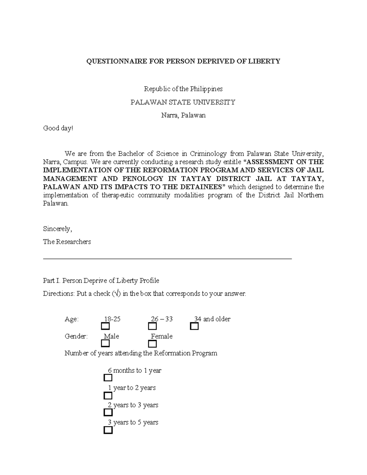 Questionnaire - QUESTIONNAIRE FOR PERSON DEPRIVED OF LIBERTY Republic ...
