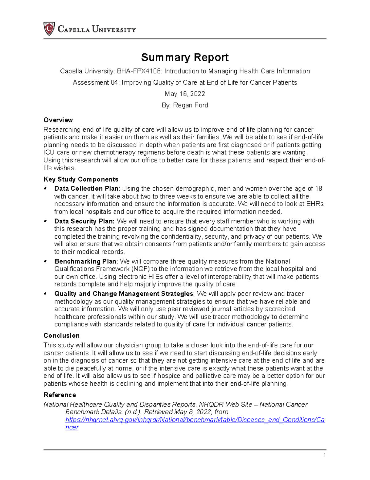 BHA-FPX4106 Assessment 4-1 - Summary Report Capella University: BHA ...