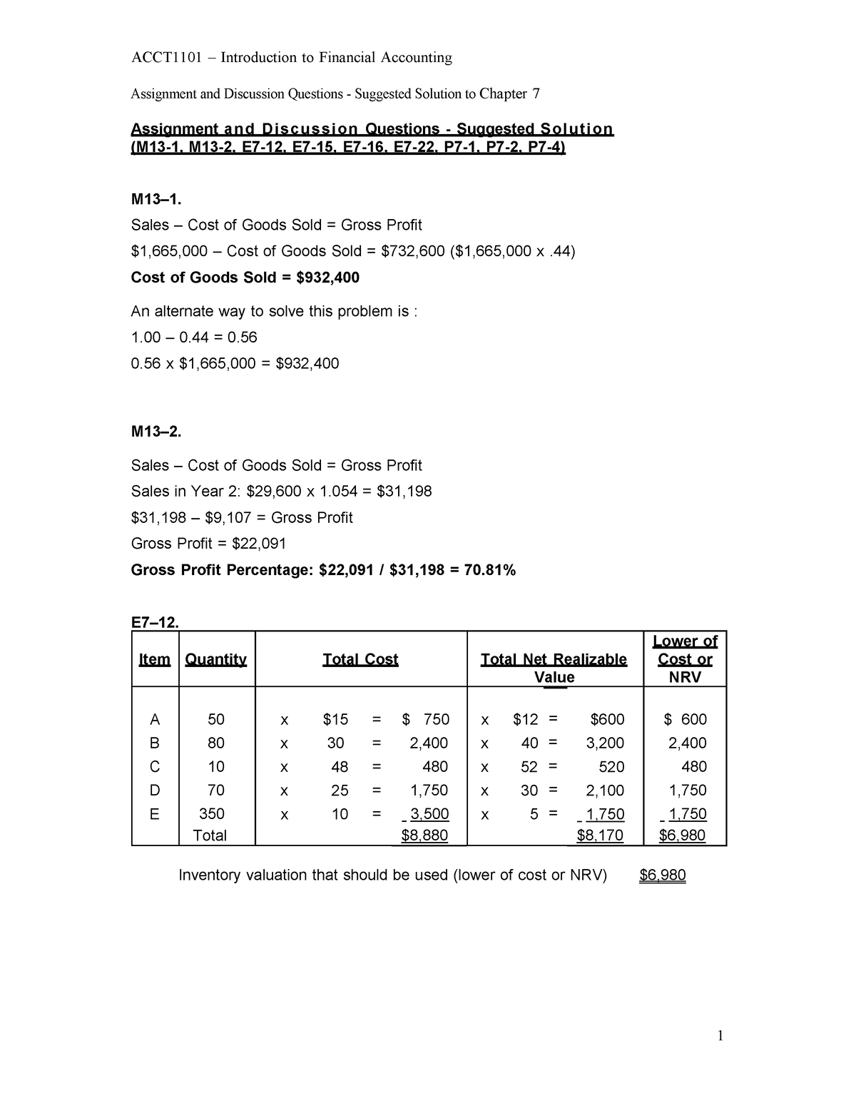 ACCT1101 Solution Chapter 07 - Assignment And Discussion Questions ...