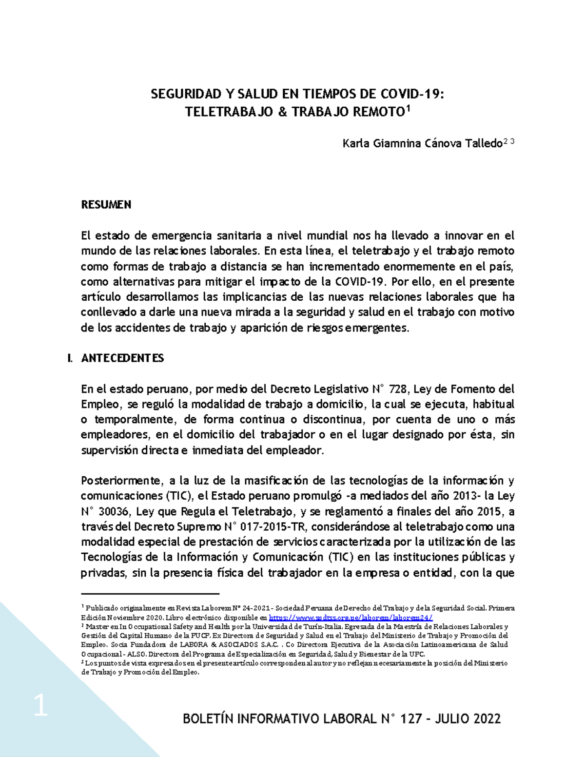 Boletin MTPE Teletrabajo Trabajo Remoto - 1 SEGURIDAD Y SALUD EN ...