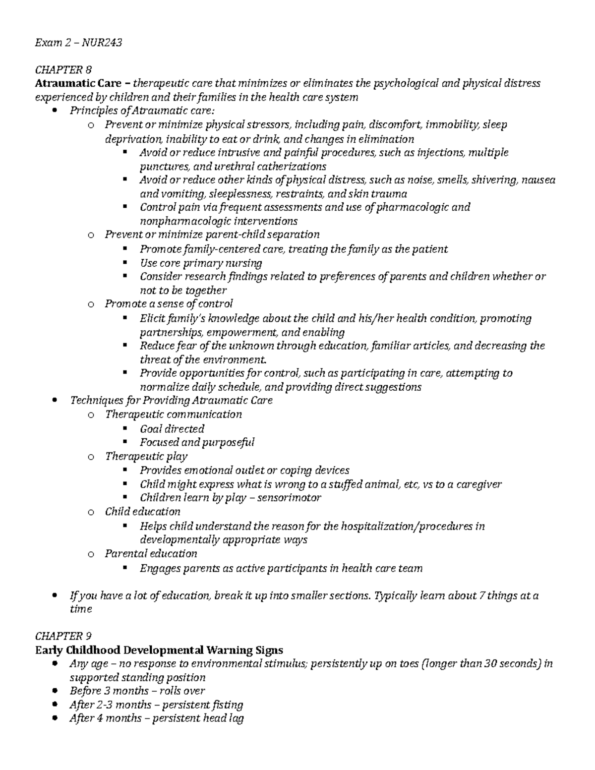 Exam 2 –Peds study guide - Exam 2 – NUR CHAPTER 8 Atraumatic Care ...