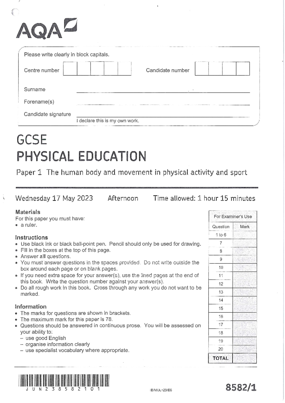 AQA GCSE PE 2023 May Exam Paper 1 - Human Body & Movement - AQA Please ...