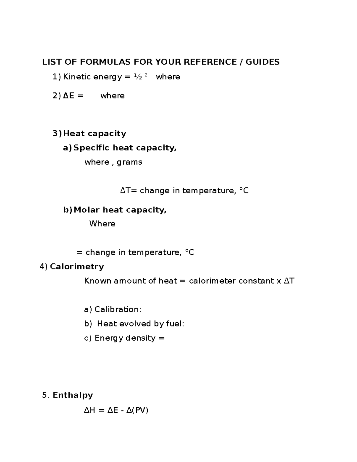 LIST OF Formulas FOR Midterm Exam 2022 - LIST OF FORMULAS FOR YOUR ...