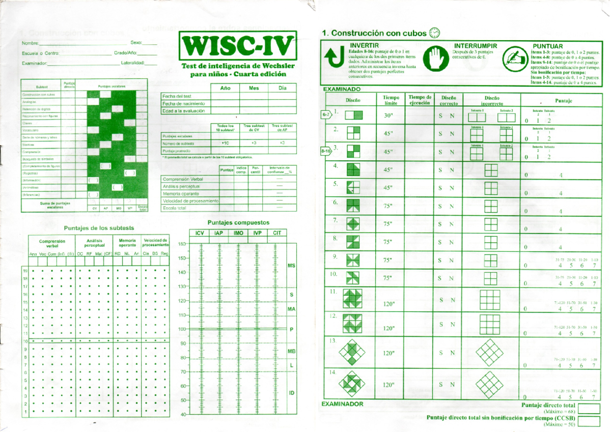 Scaneo WISC IV - SCNEEO - 1. Construcción con cubos Nombre: Sexo ...