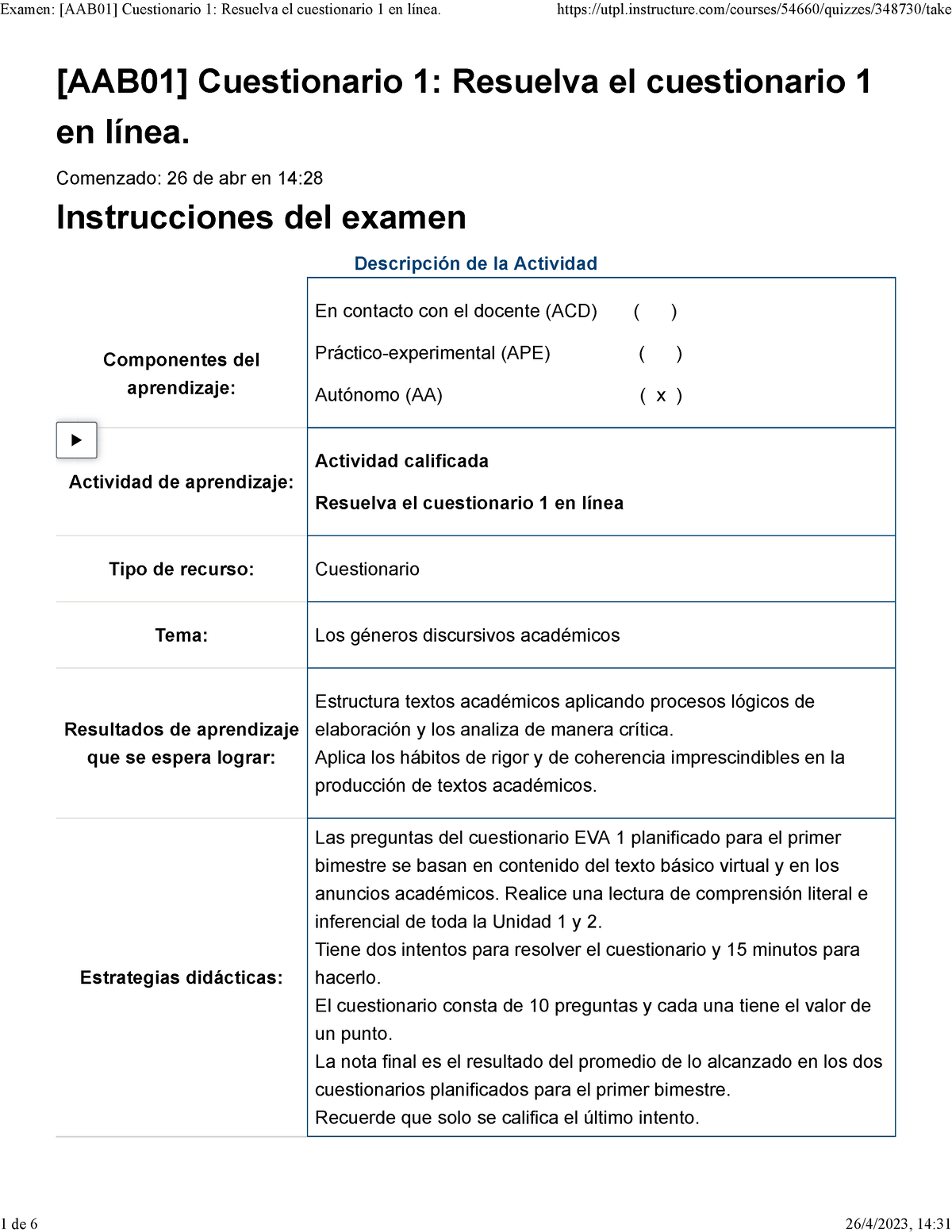 Examen [AAB01] Cuestionario 1 Resuelva El Cuestionario 1 En Línea ...