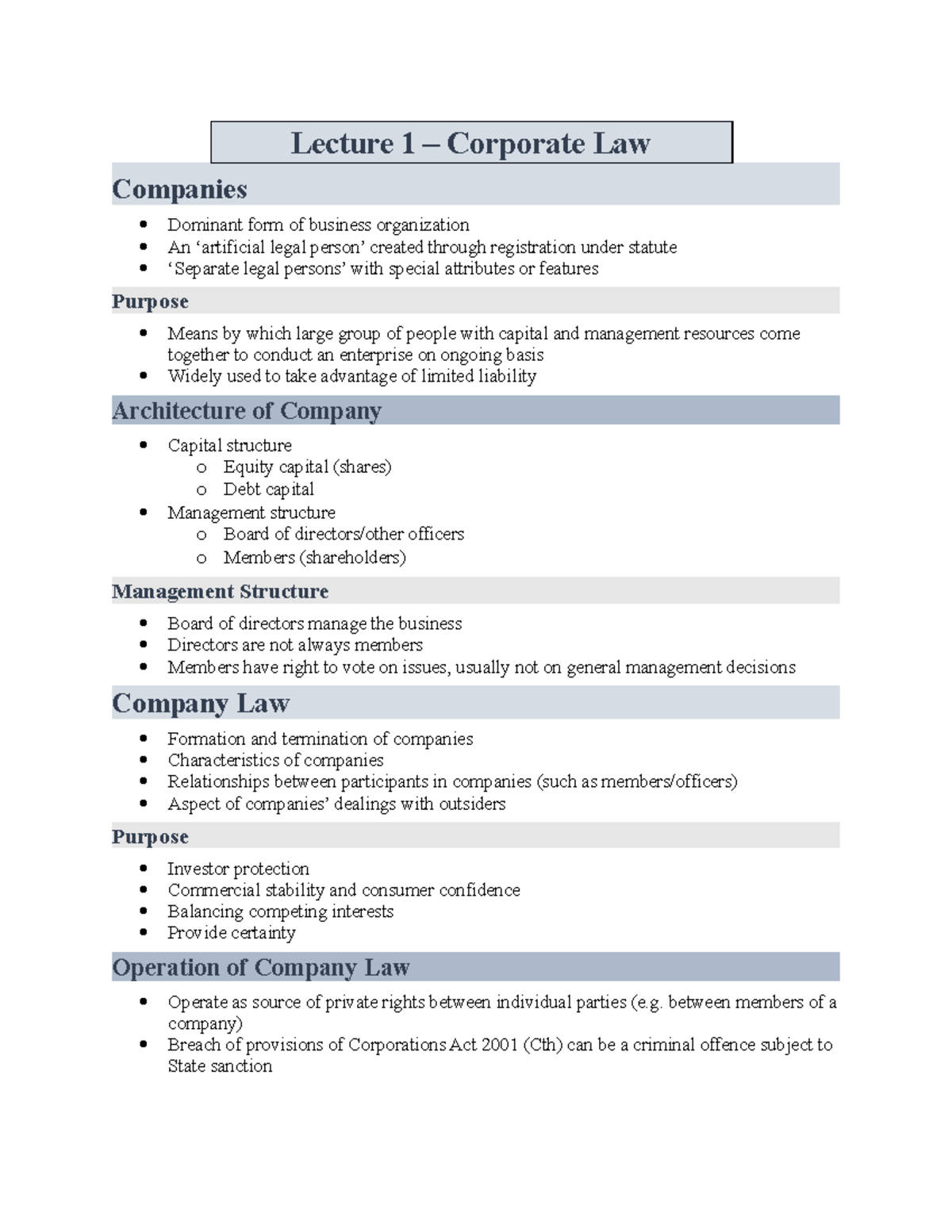Lecture 1-4 Notes - Lecture 1 – Corporate Law Companies Dominant form ...