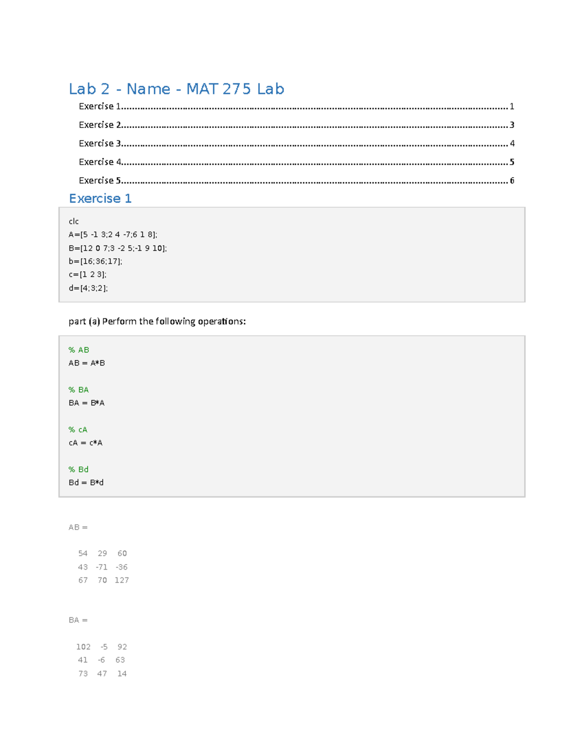 Lab 2 - for matlab - Lab 2 - Name - MAT 275 Lab Exercise - Studocu