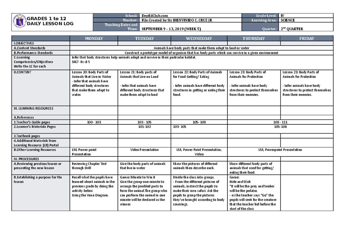 DLL Science 4 Q2 W5 - Helpful material - GRADES 1 to 12 DAILY LESSON ...