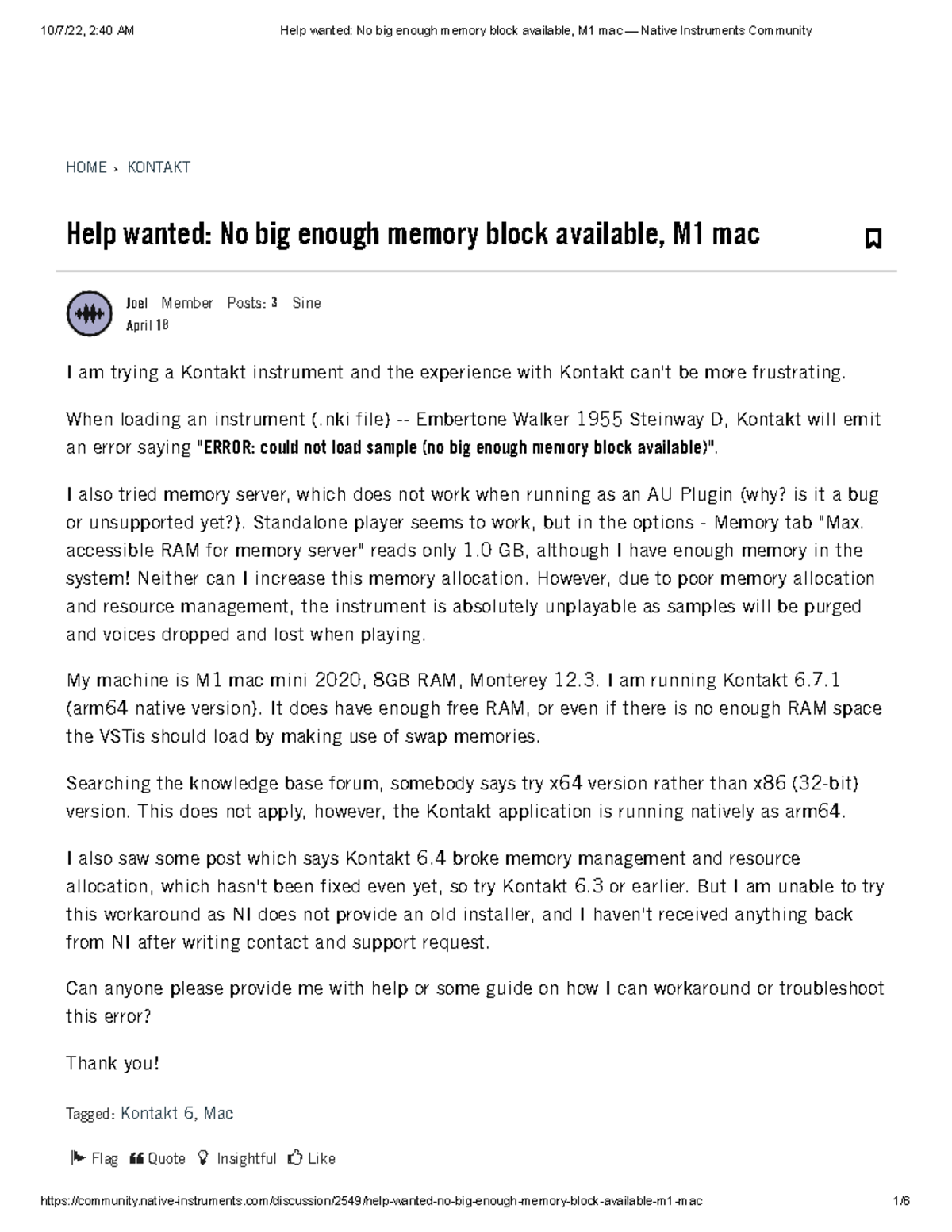 Help wanted No big enough memory block available, M1 mac — Native ...