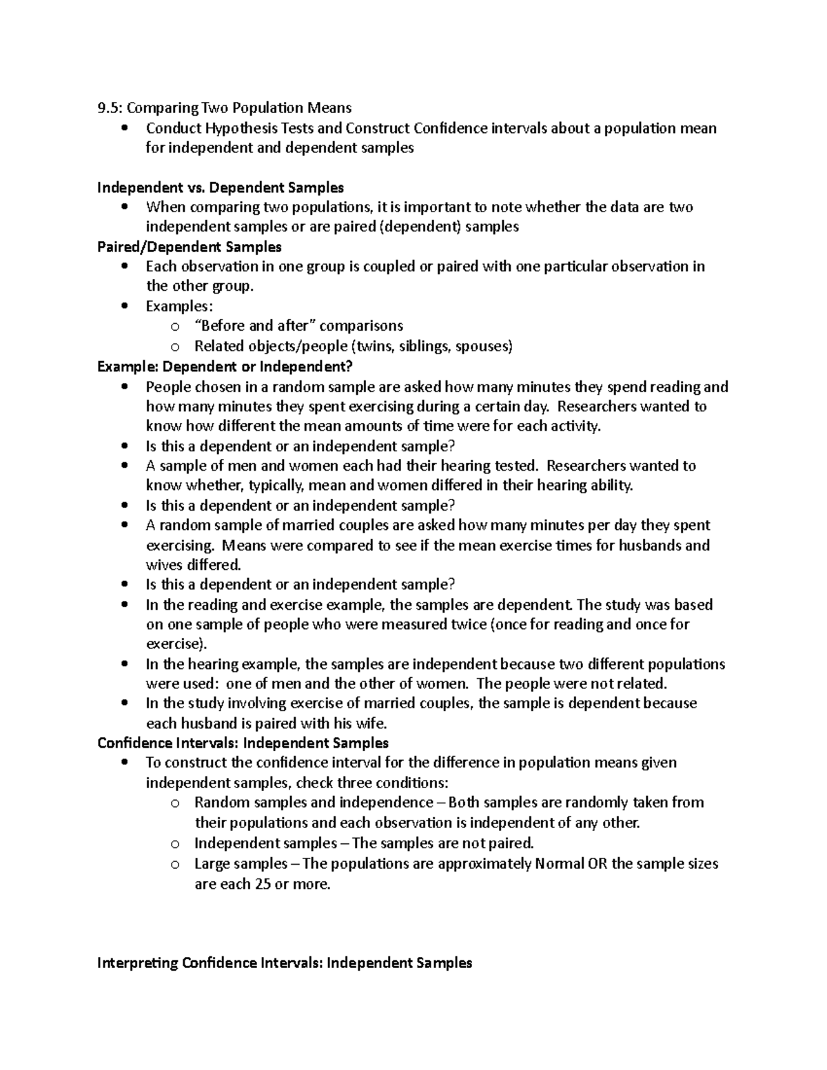 9 - Lecture notes 9.5 - 9: Comparing Two Population Means  Conduct Hypothesis  Tests and Construct - Studocu