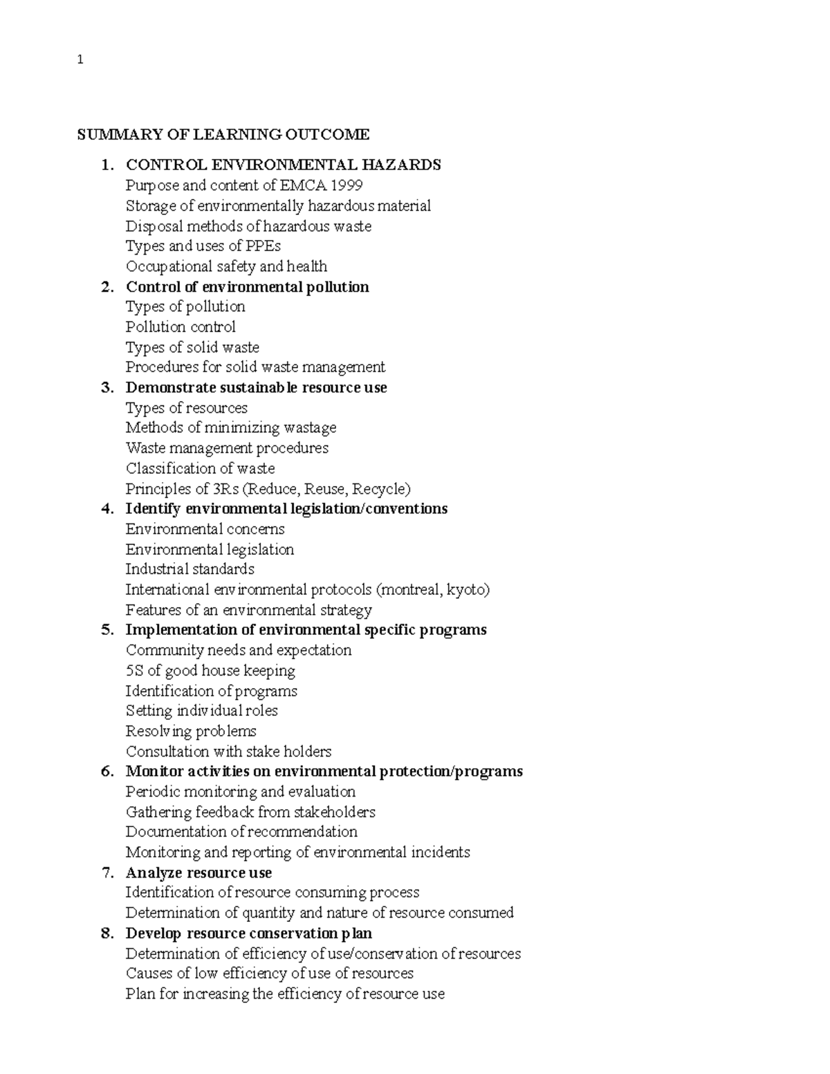 10725 environmental literacy notes SUMMARY OF LEARNING 1