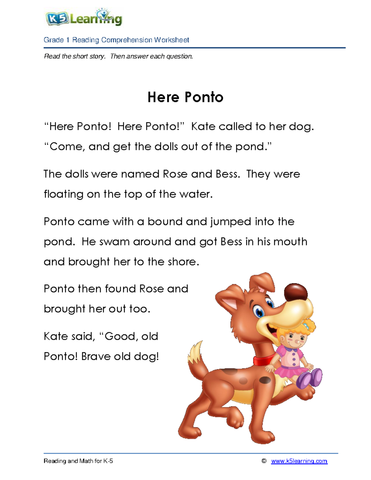 Grade 1 Story Ponto Reading Grade 1 Reading Comprehension Worksheet Reading And Math For K 5 8505