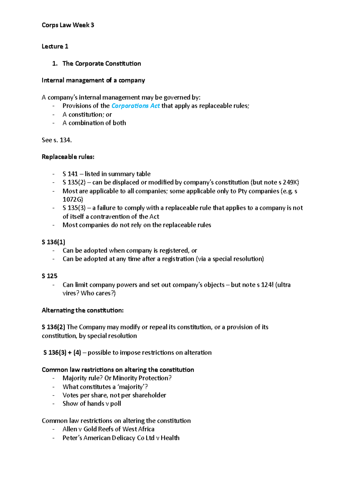 Corps Law week 3 - Tutorial notes for week 2 - Lecture 1 The Corporate ...