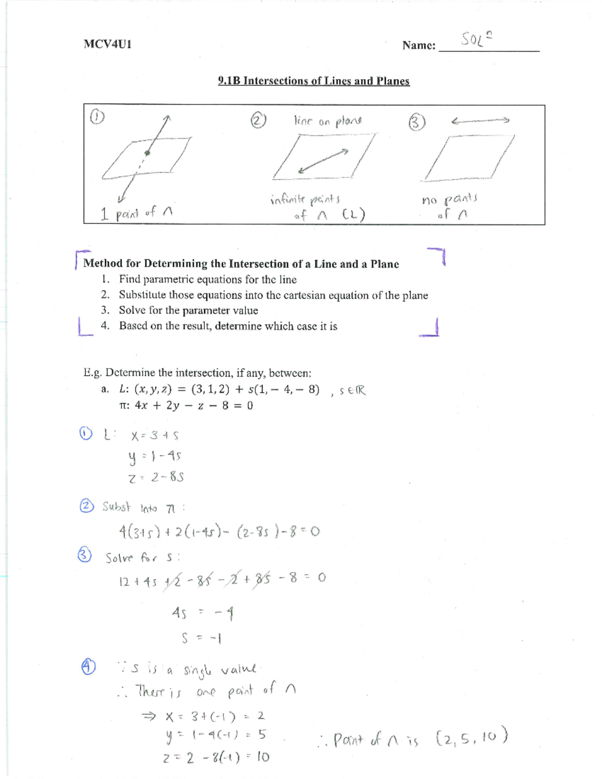 9.1B Intersection of Lines and Planes ( Solutions) - MCV4U1 Name: SOL 9 ...