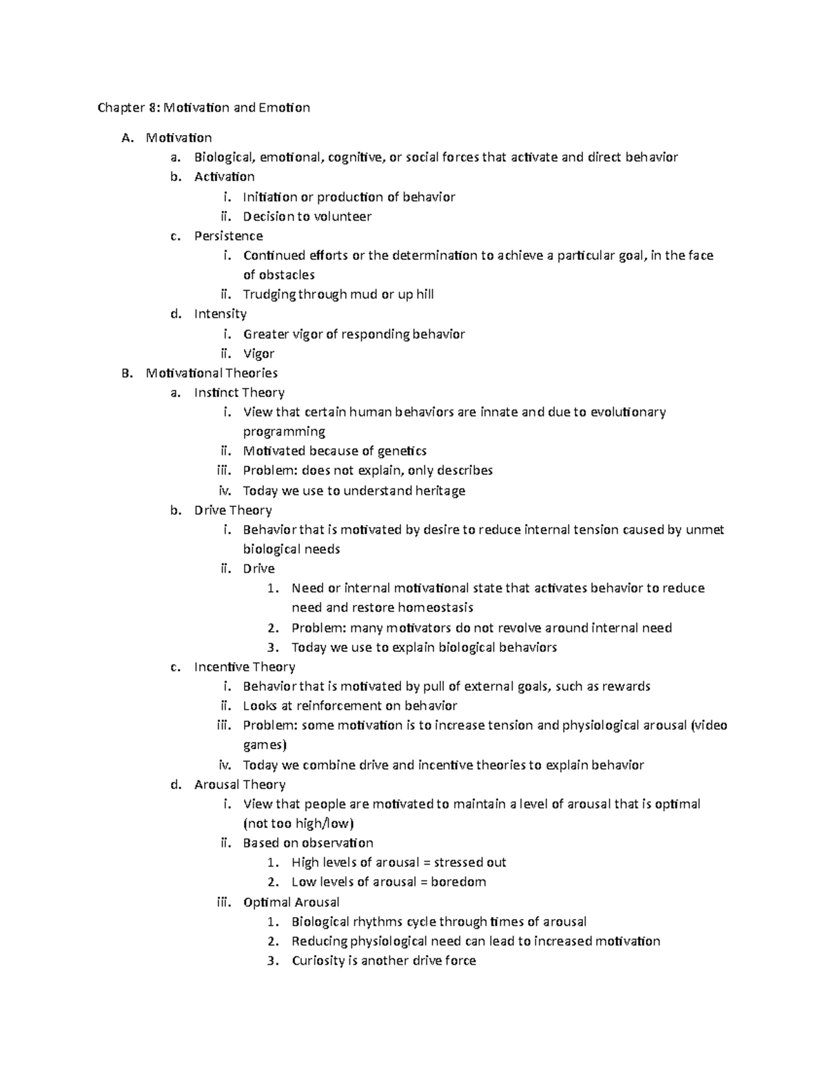 Chapter 8 Notes - Chapter 8: Motivation and Emotion A. Motivation a ...