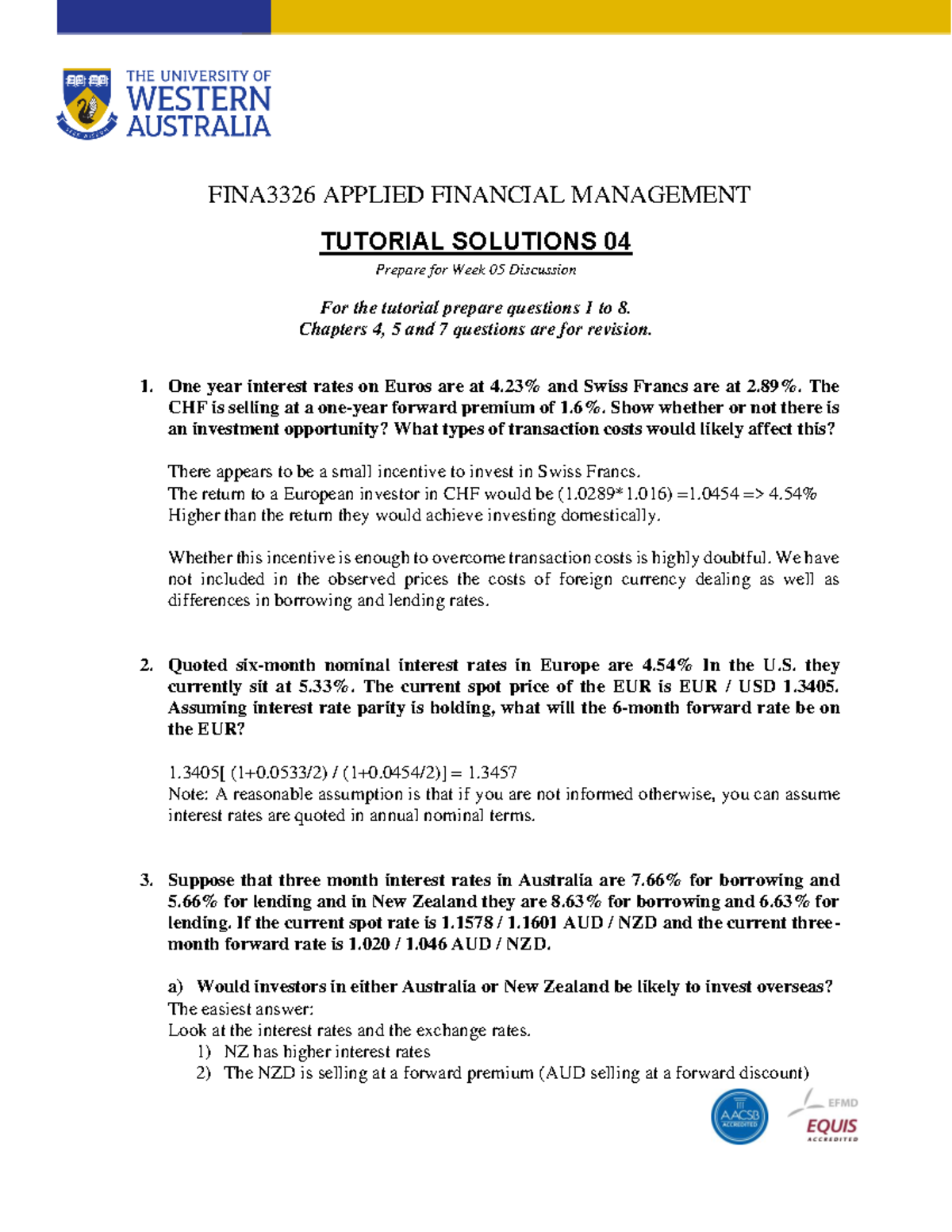 Tutorial Solutions 04 2022 - FINA3326 APPLIED FINANCIAL MANAGEMENT ...