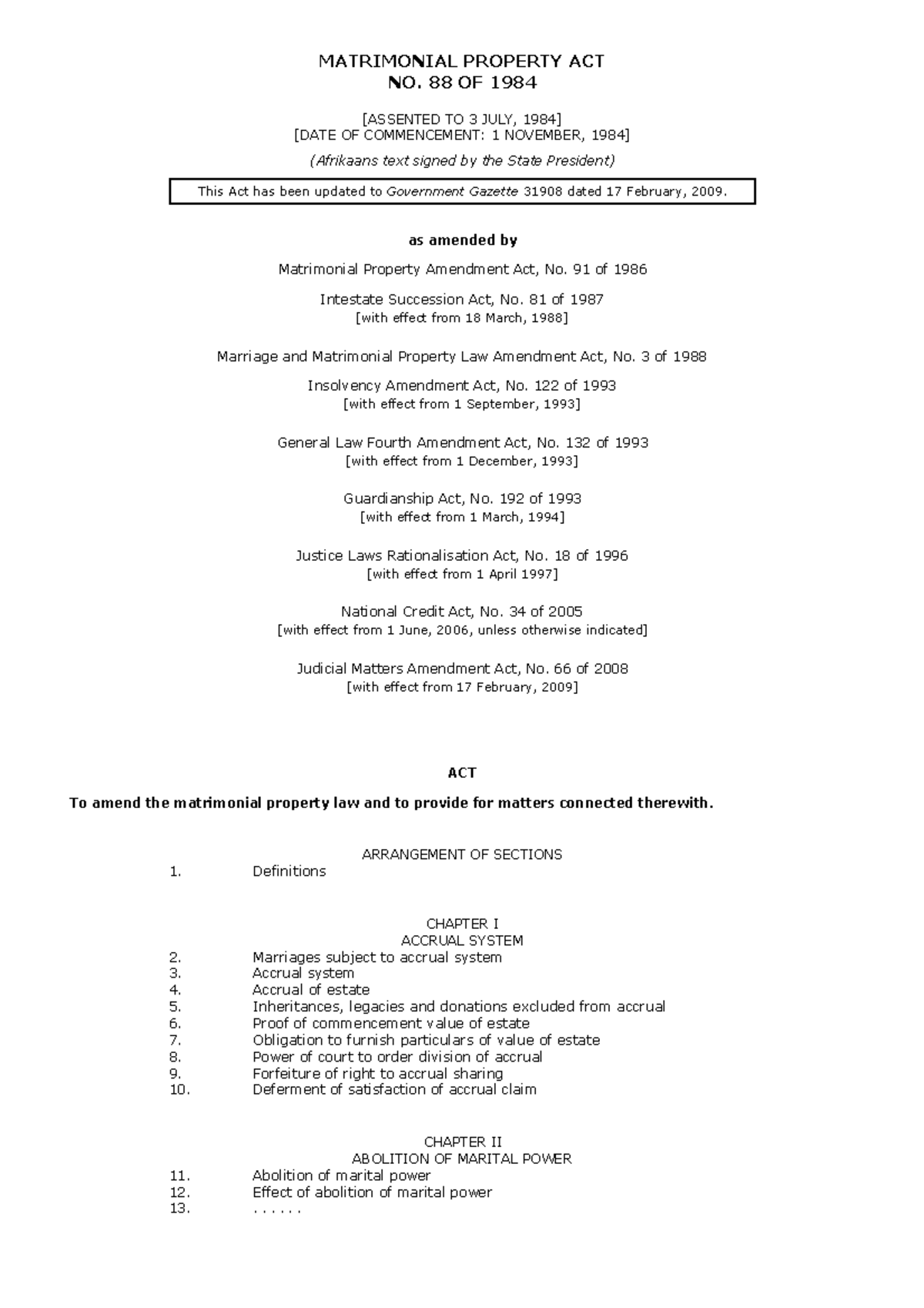 Matrimonial Property Act No - MATRIMONIAL PROPERTY ACT NO. 88 OF 1984 ...