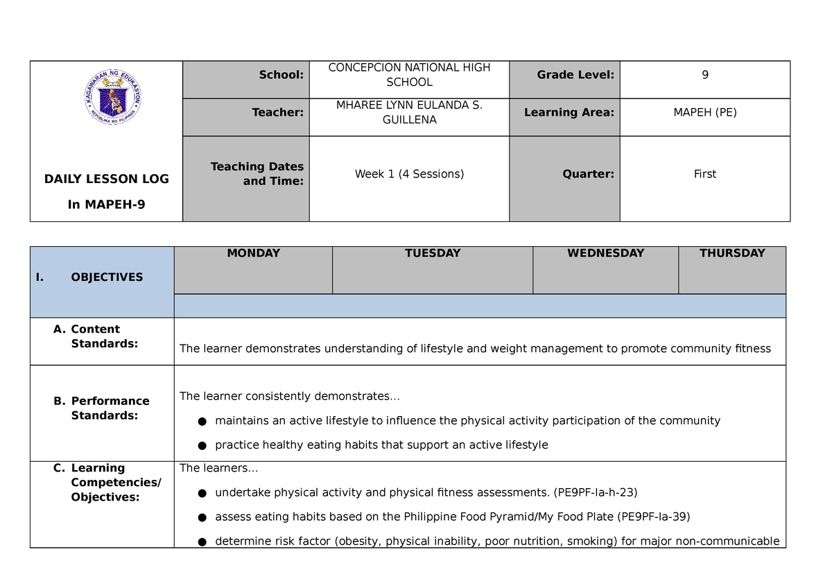 Q1 DLL PE9 WEEK1 - DAILY LESSON LOG In MAPEH- School: CONCEPCION ...